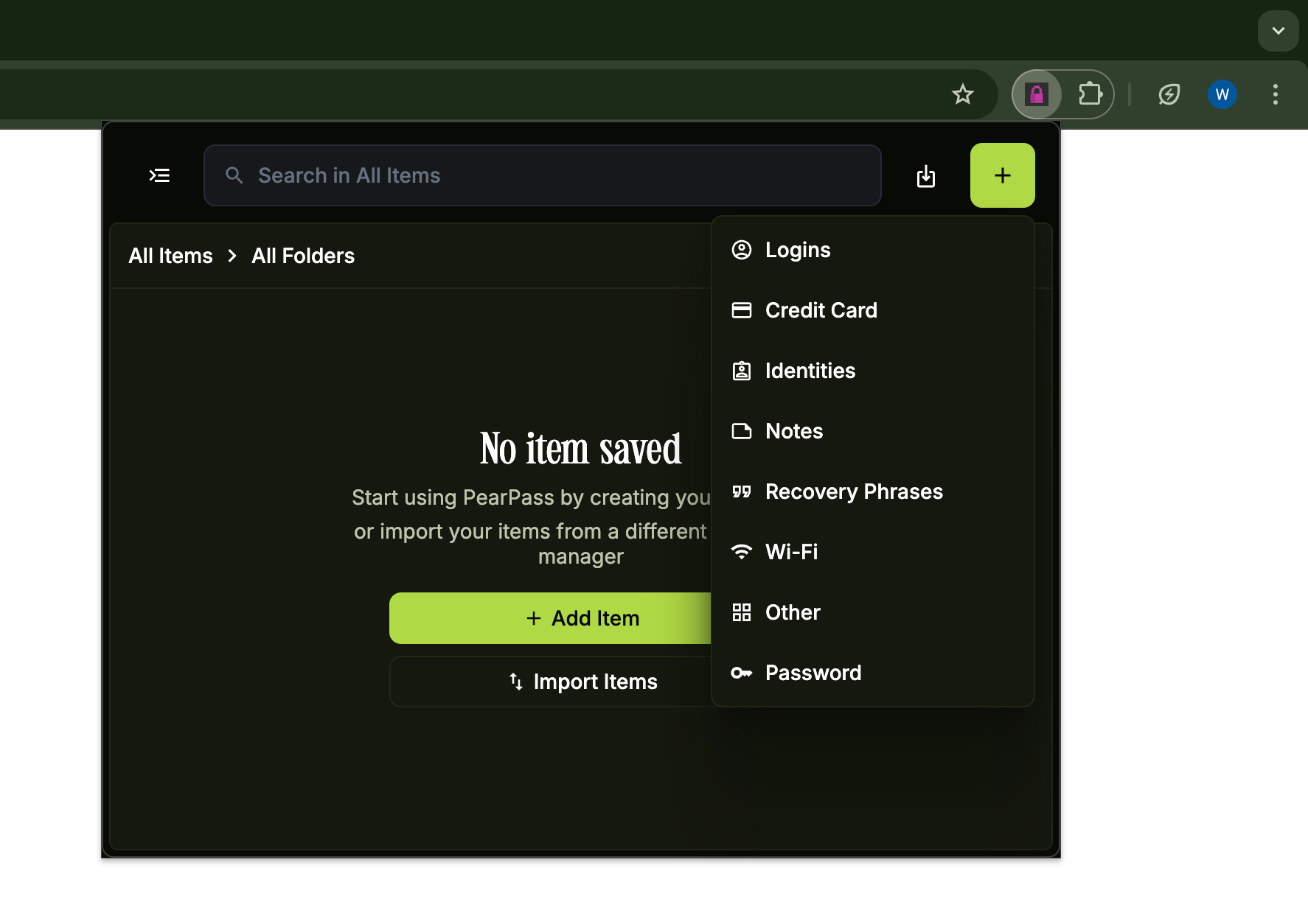 Select item type in the browser extension